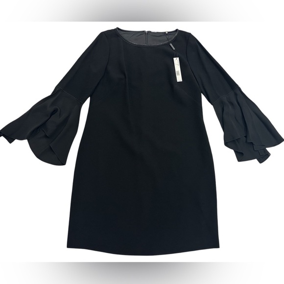 NWT Elie Tahari 3/4 Frayed Silk Sleeve Chain-Trim Sheath Esmarella Dress Blk 14 - Picture 3 of 8